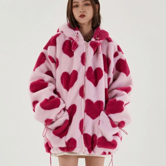 Aelfric Eden Jackets & Blazers - Aelfric Eden Fuzzy Lined Oversized Coat Pink Hearts Printed Sherpa Jacket